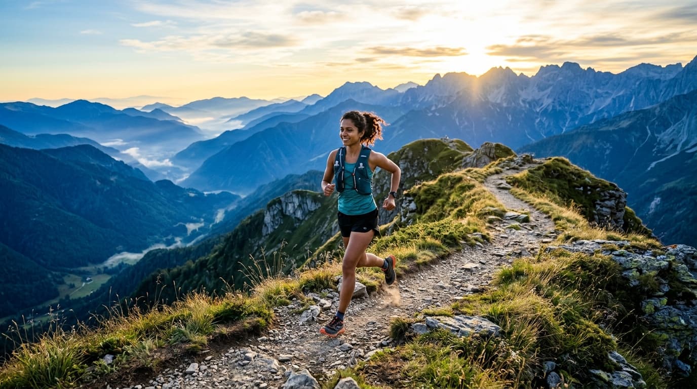 Active woman running on scenic mountain trail