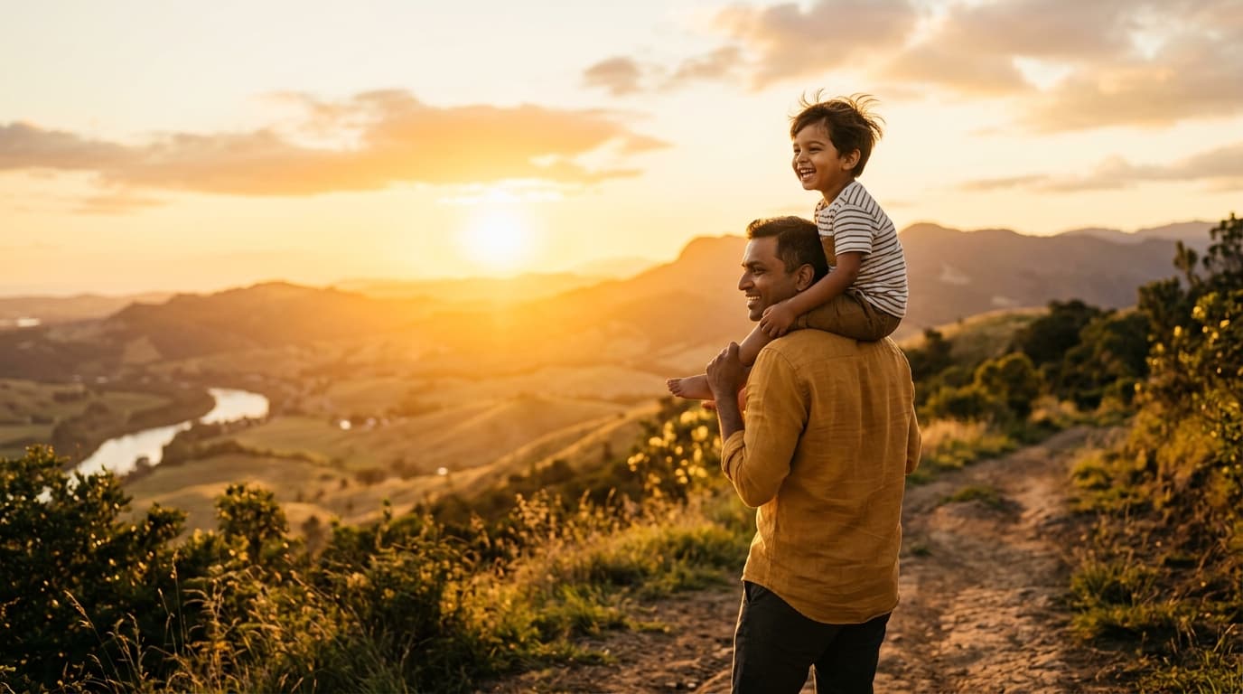 Father carrying child on shoulders during sunset