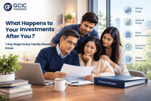 Family reviewing investment documents and estate planning records together