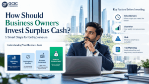 Business owner in Delhi NCR reviewing surplus cash investment options, operating cash, contingency reserves, liquidity, risk and tax planning – GCIC Finserve Limited.