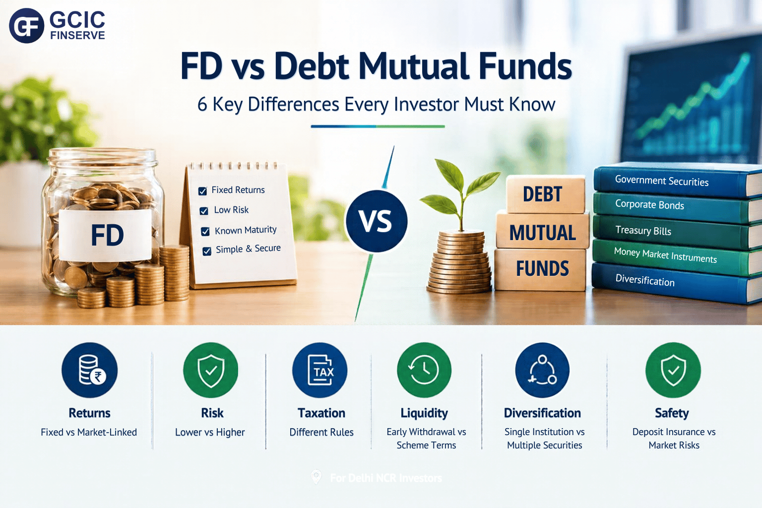 FD vs debt mutual funds comparison highlighting returns, risk, taxation, liquidity, and diversification.